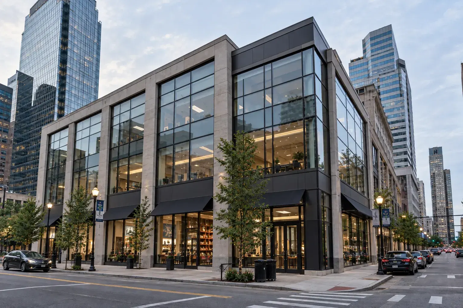 Modern city commercial building with glass frontage