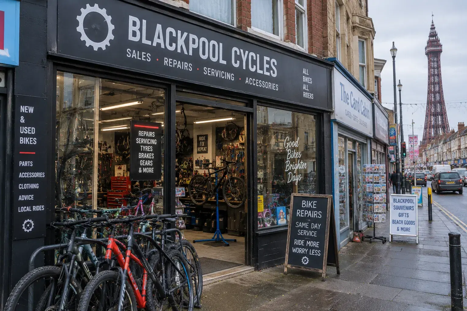 UK cycle repair shop retail frontage