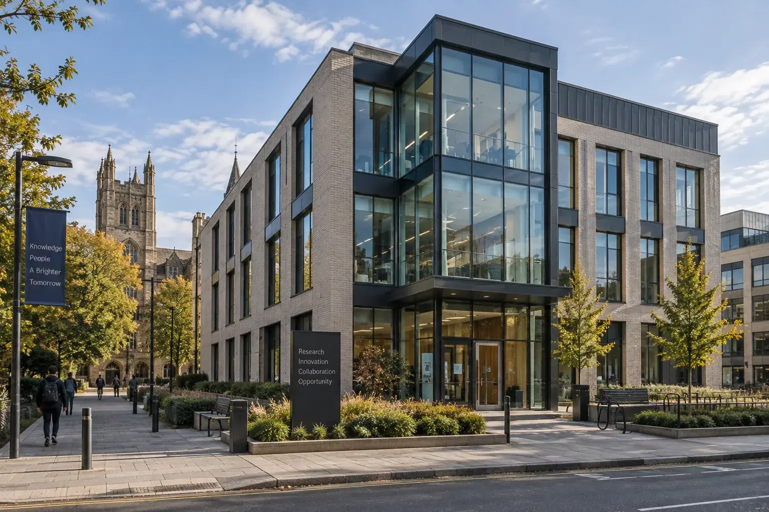 Modern UK office building near a university campus